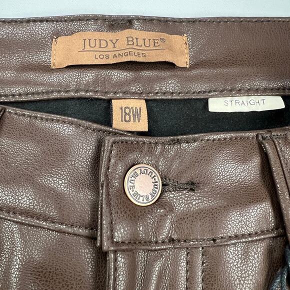 Judy Blue Vegan Faux Leather Tummy Control Top Straight Leg Brown Pants Size 18W - Picture 3 of 16